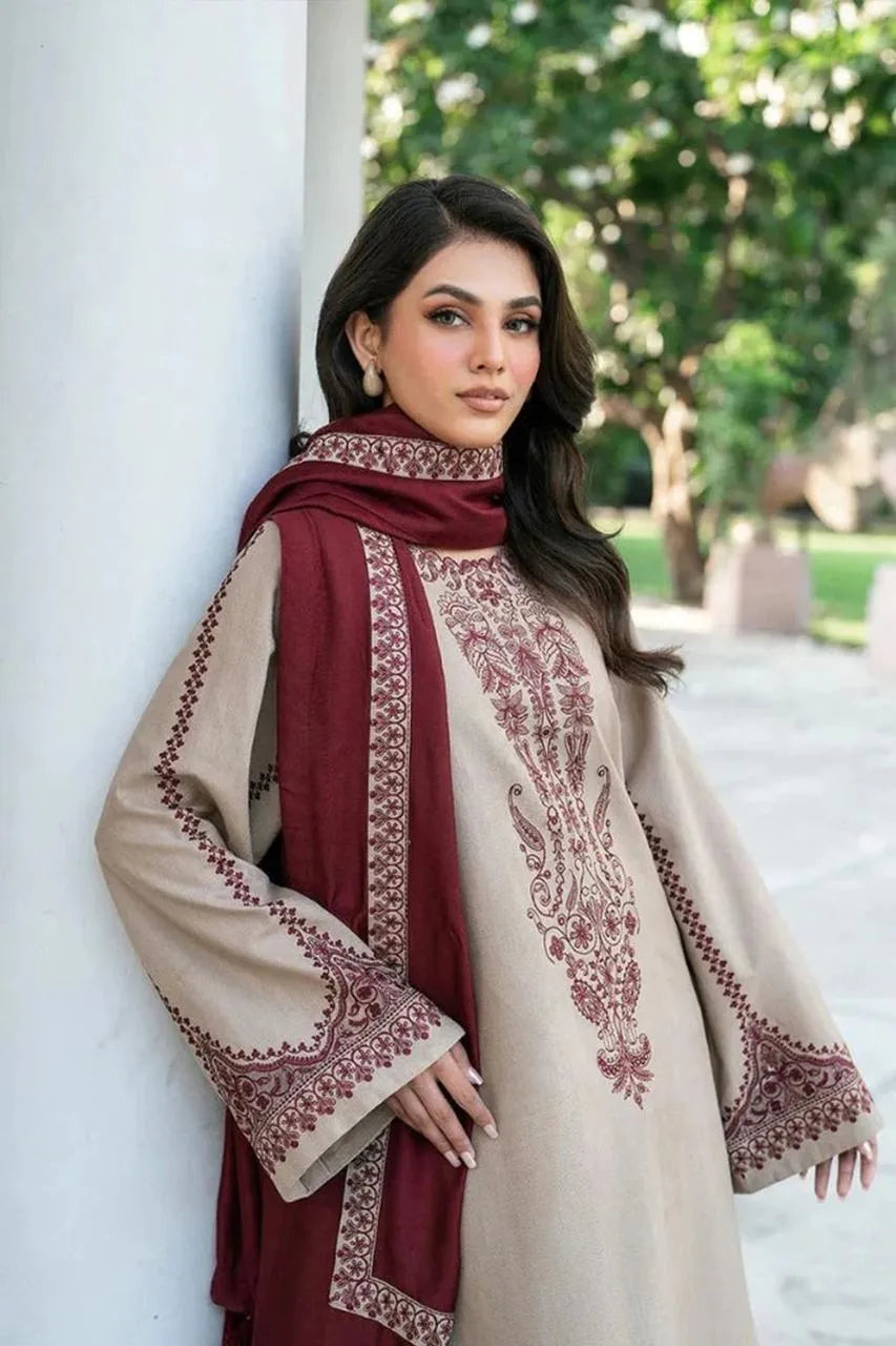 Zara Shahjahan Inspired 3-Piece Embroidered Lawn Suit – Maroon & Beige