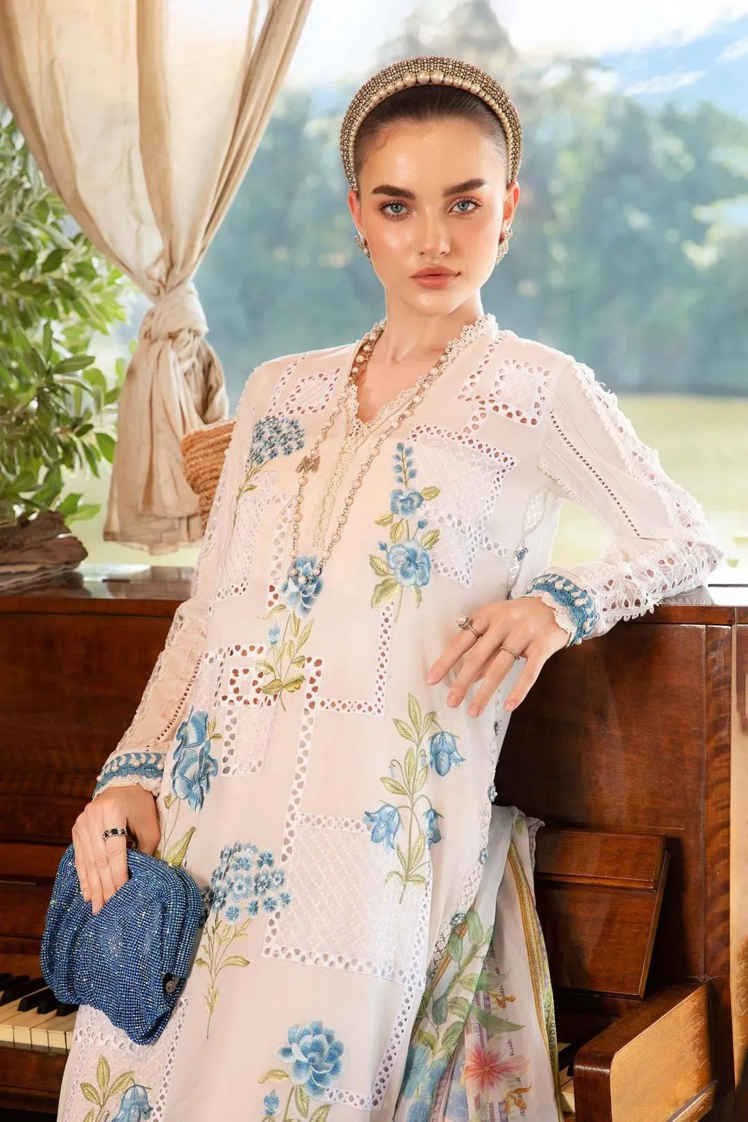 Blue Bloom 3-Piece Unstitched Lawn Suit – White & Blue