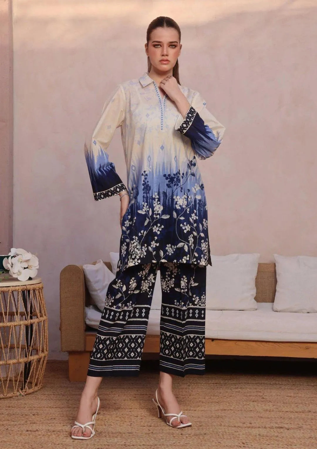 Midnight Bloom 3-Piece Unstitched Lawn Suit – Navy Blue & White