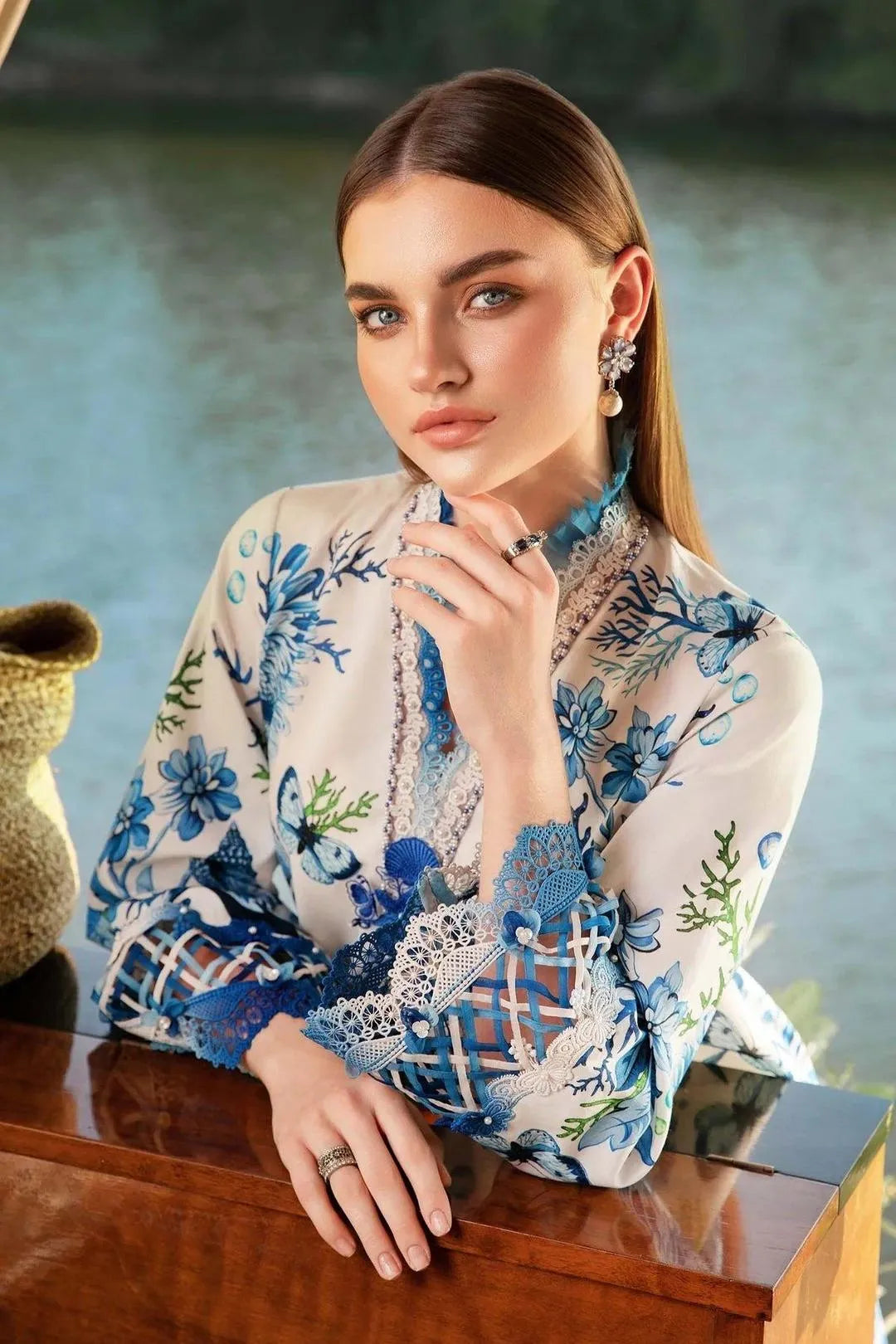 Blue Garden 3-Piece Unstitched Lawn Suit – Blue & White