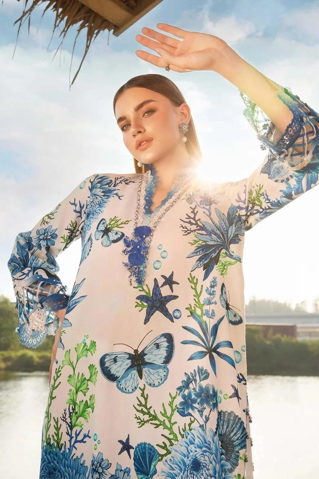 Blue Garden 3-Piece Unstitched Lawn Suit – Blue & White