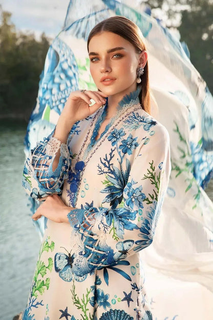 Blue Garden 3-Piece Unstitched Lawn Suit – Blue & White