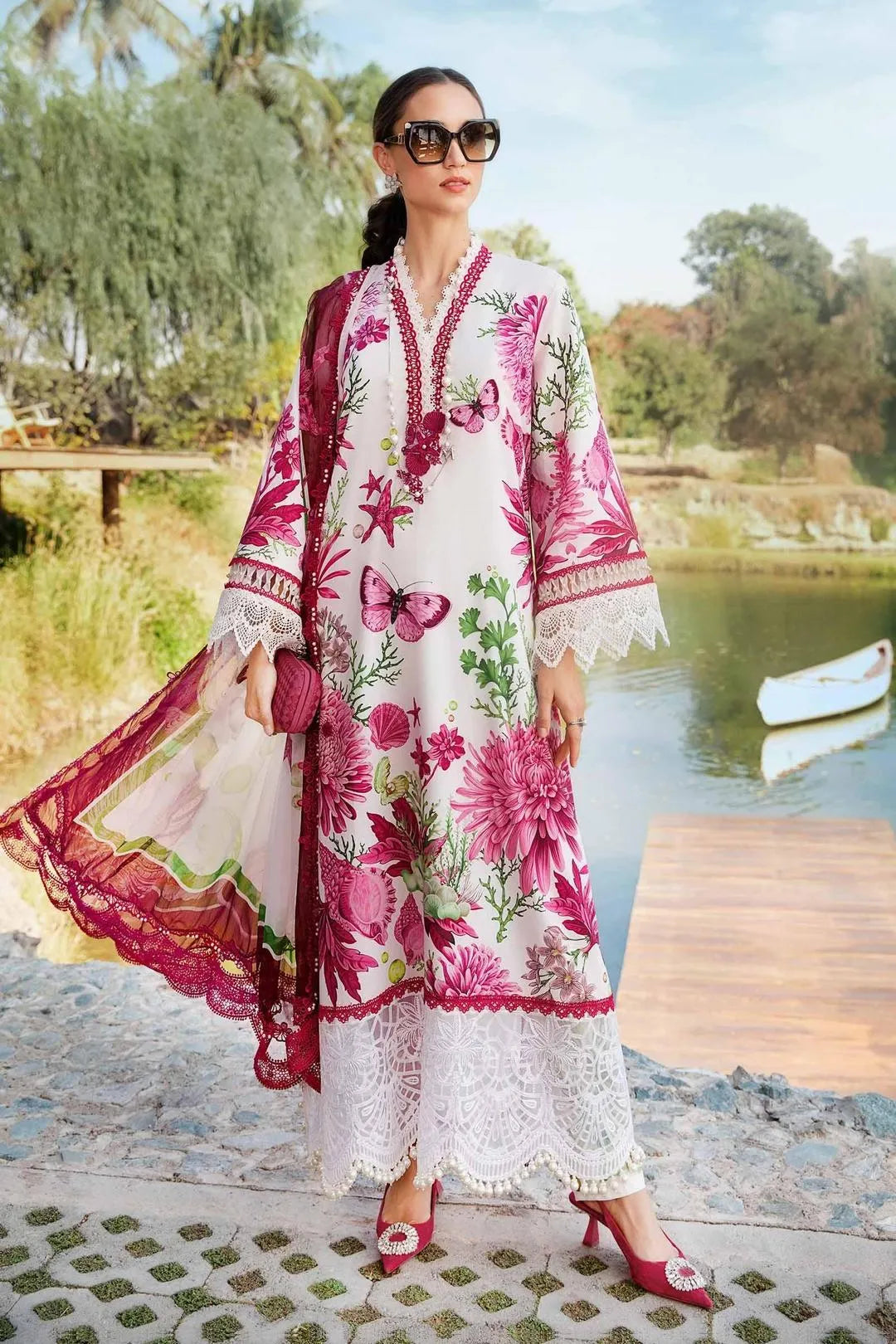 Floral Charm 3-Piece Unstitched Lawn Suit – Pink & Maroon