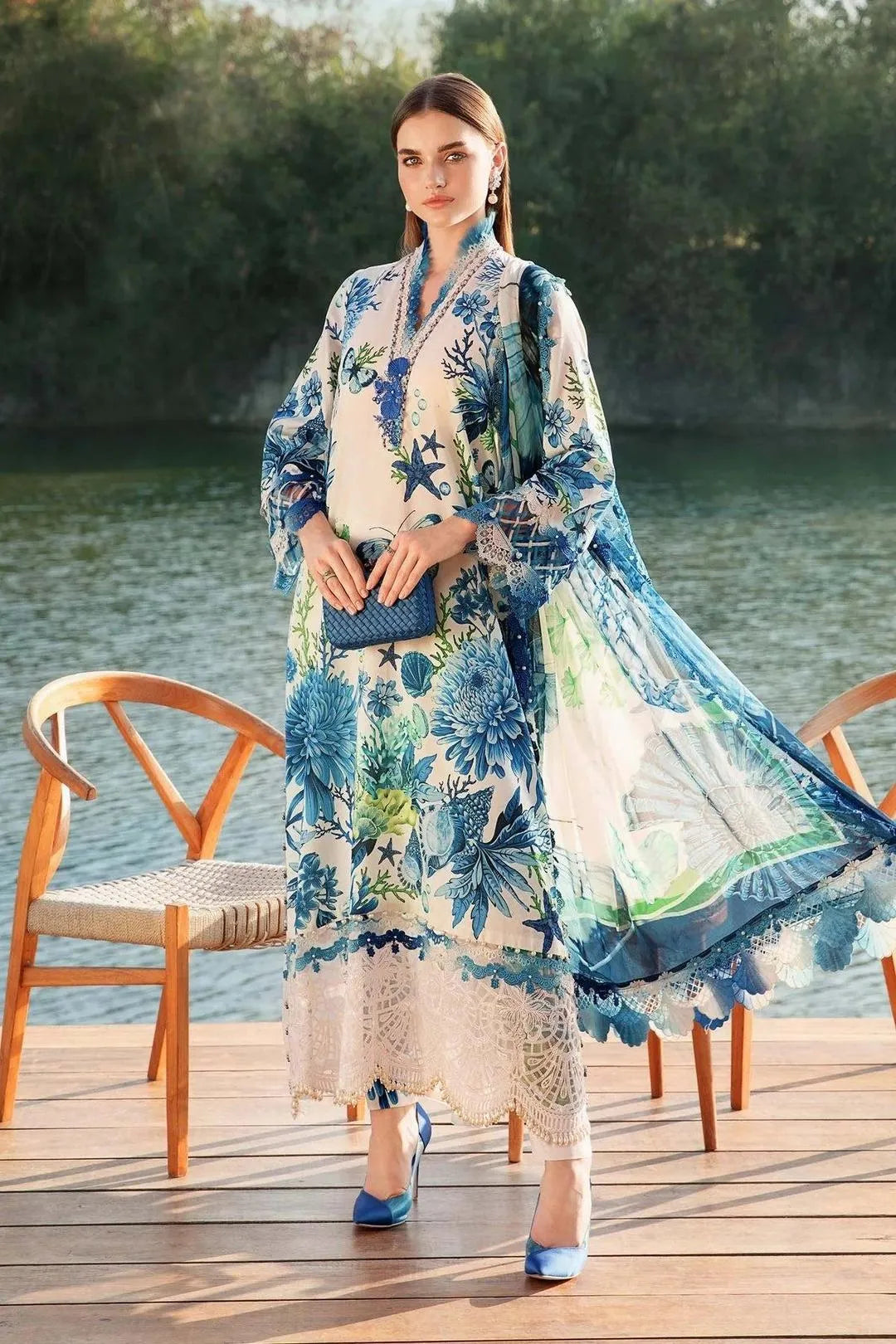Blue Garden 3-Piece Unstitched Lawn Suit – Blue & White