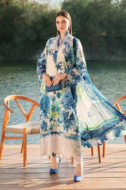 Blue Garden 3-Piece Unstitched Lawn Suit – Blue & White
