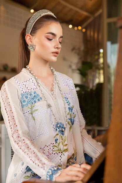 Blue Bloom 3-Piece Unstitched Lawn Suit – White & Blue