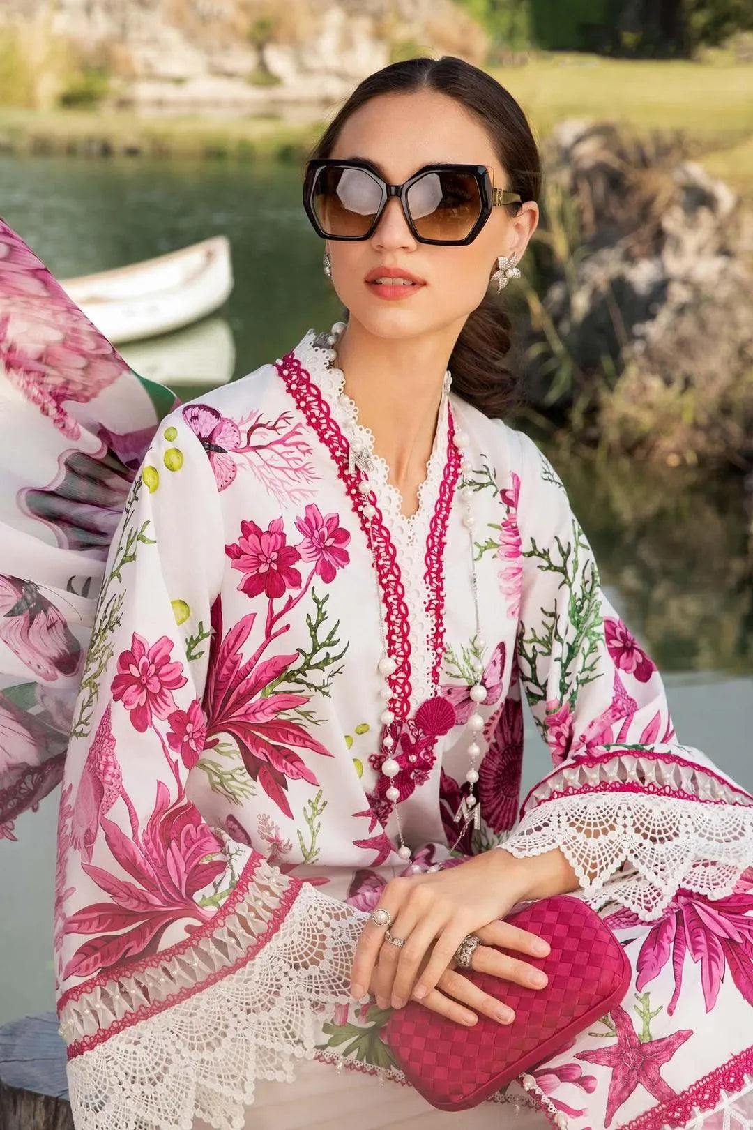 Floral Charm 3-Piece Unstitched Lawn Suit – Pink & Maroon