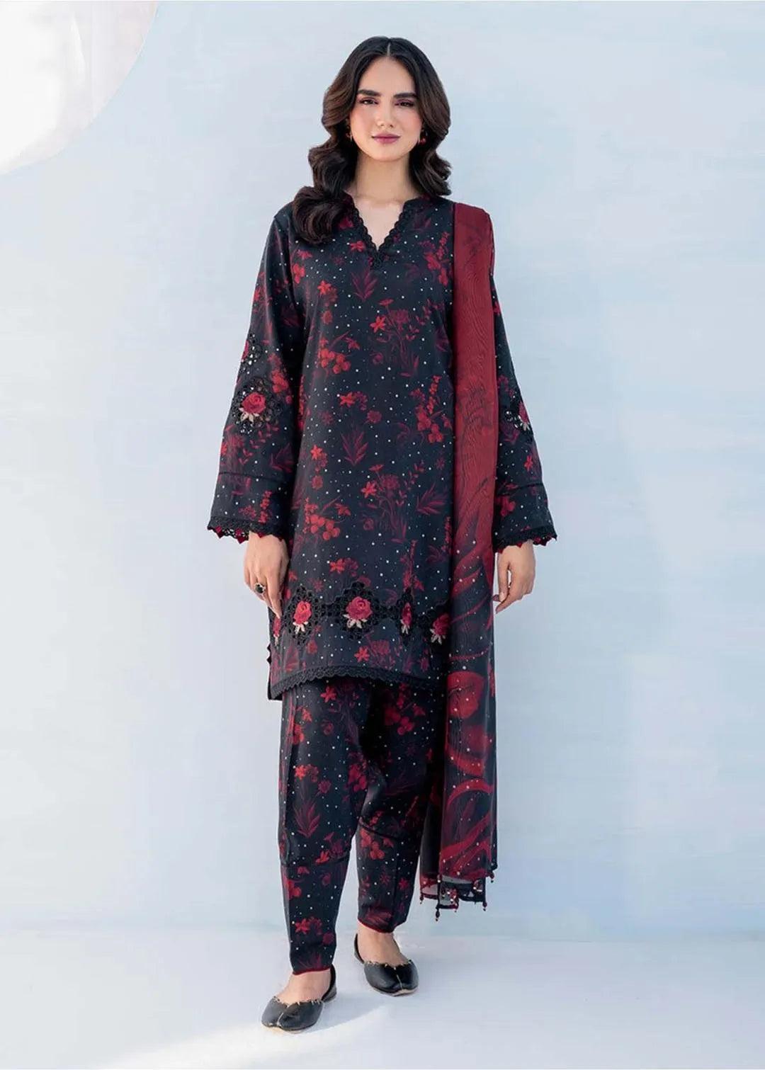 Embroidered Red Black Suit Set